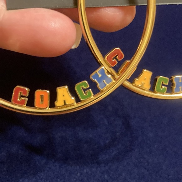 NWT Gold tone large hoop lever back earrings w/multicolored block letter  logo - Picture 3 of 6